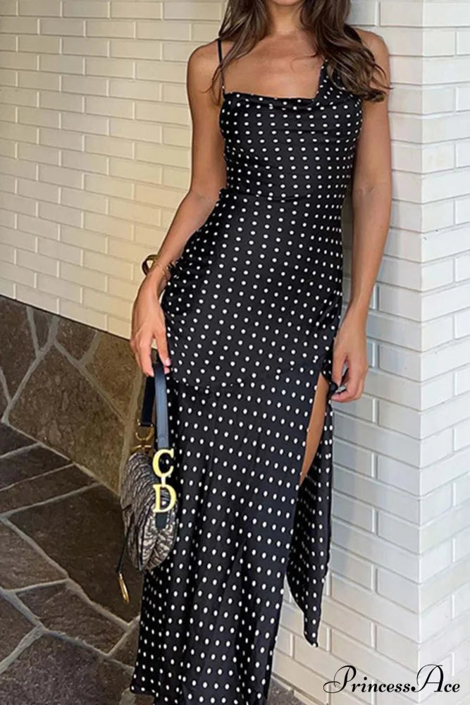 Cowl Neck Slit Dress With Polka Dots Black / S Midi Dresses