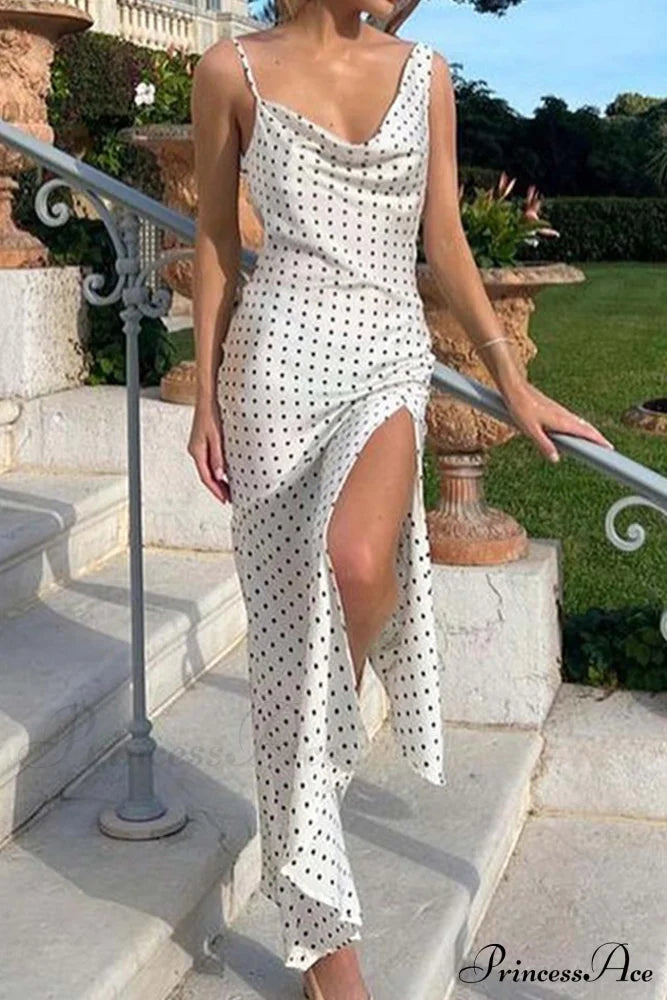 Cowl Neck Slit Dress With Polka Dots White / S Midi Dresses