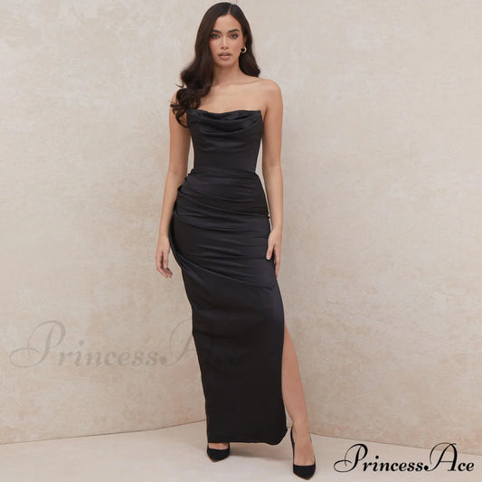 Cowl Neck Split Trendy Satin Maxi Dress M / Black Formal Dresses