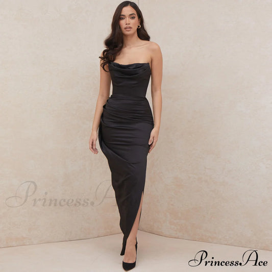 Cowl Neck Split Trendy Satin Maxi Dress S / Black Formal Dresses