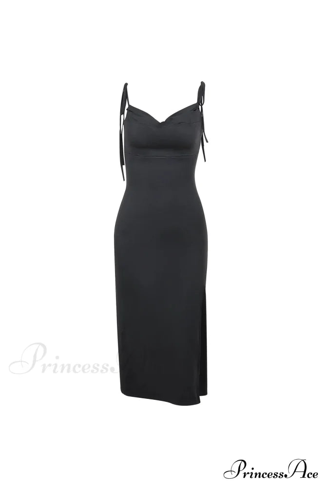 Cowl Neck Tie-Straps Dress With Slit Black / L Midi Dresses