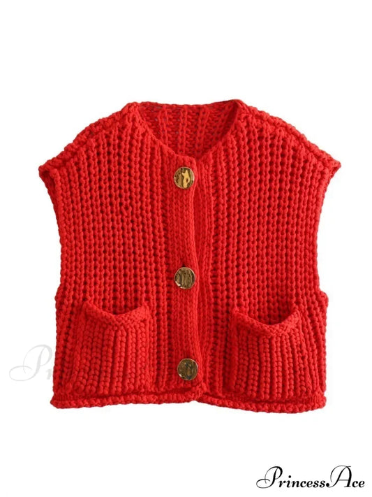 Cozy Knitted Casual Loose Single-Breasted Comfortable Autumnal Fashionable Sweater Red / S