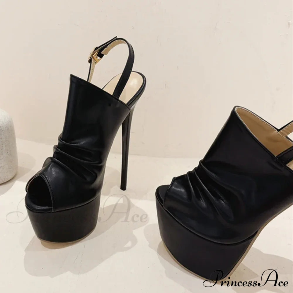 Cozy Pleated Leather Super-High Platform Nightclub Party Peep-Toe Black Sexy High Heel