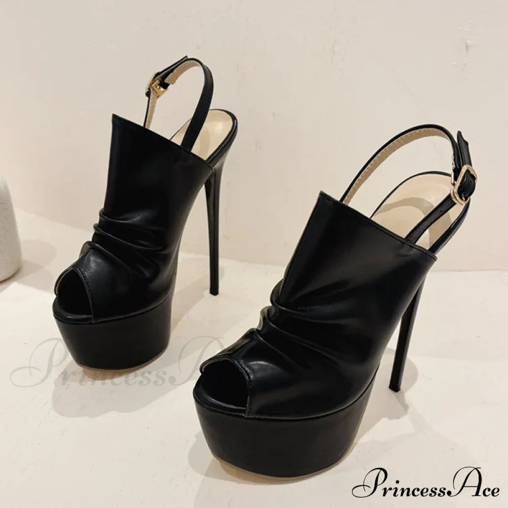 Cozy Pleated Leather Super-High Platform Nightclub Party Peep-Toe Black Sexy High Heel / 35