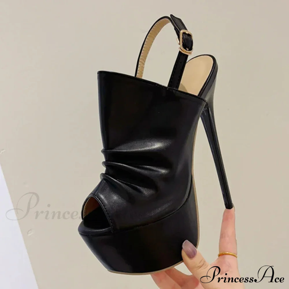 Cozy Pleated Leather Super-High Platform Nightclub Party Peep-Toe Black Sexy High Heel