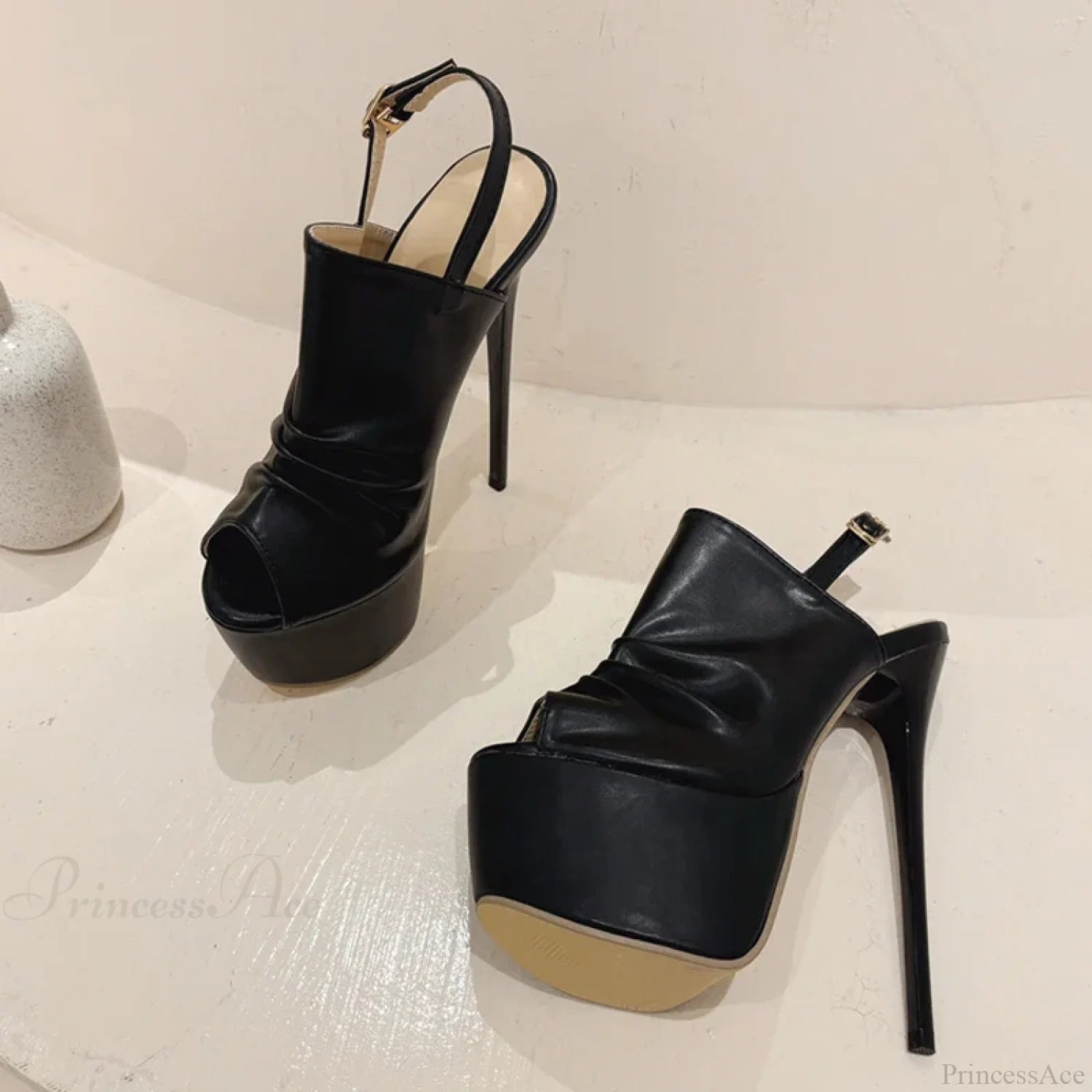 Cozy Pleated Leather Super-High Platform Nightclub Party Peep-Toe Black Sexy High Heel