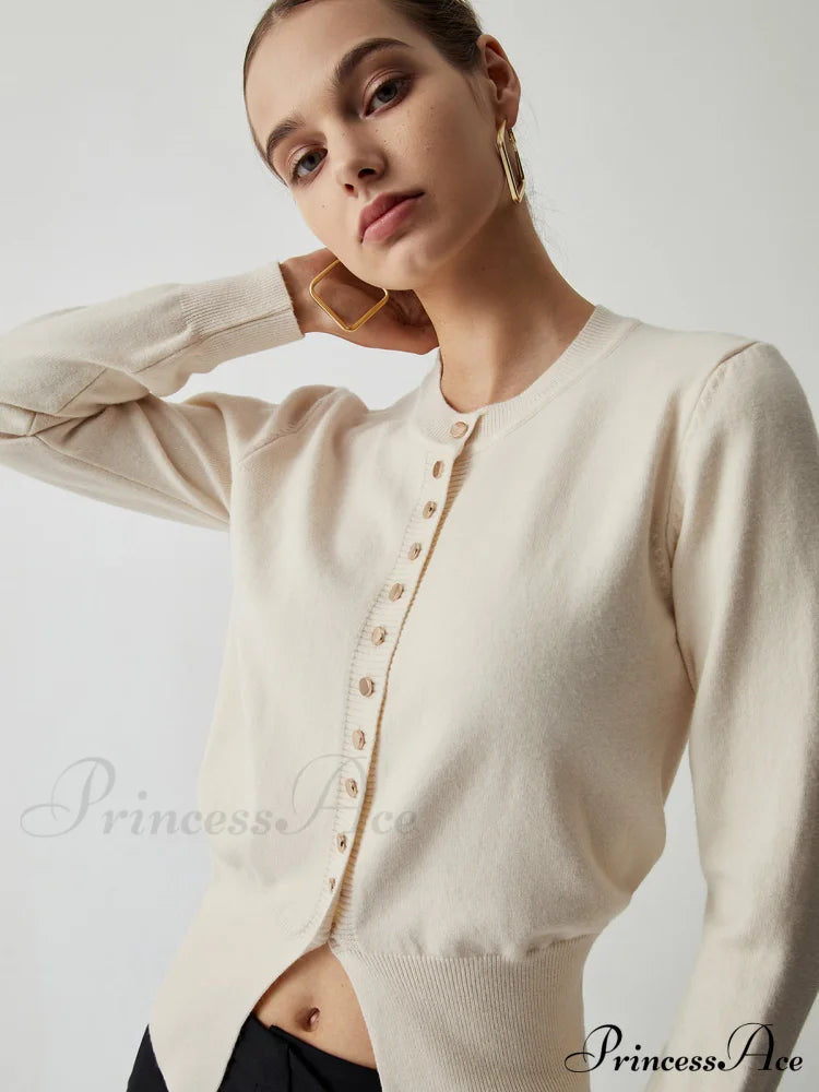 Cream Button Graceful Down Curved Cardigan Sweaters-L