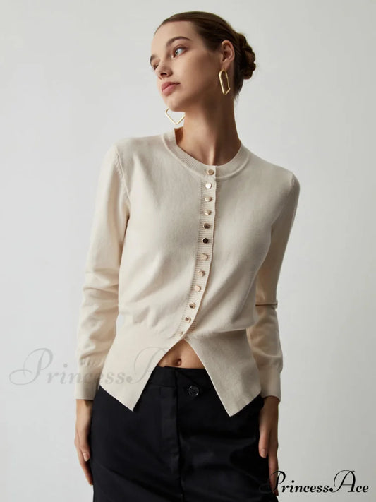 Cream Button Graceful Down Curved Cardigan Sweaters-L