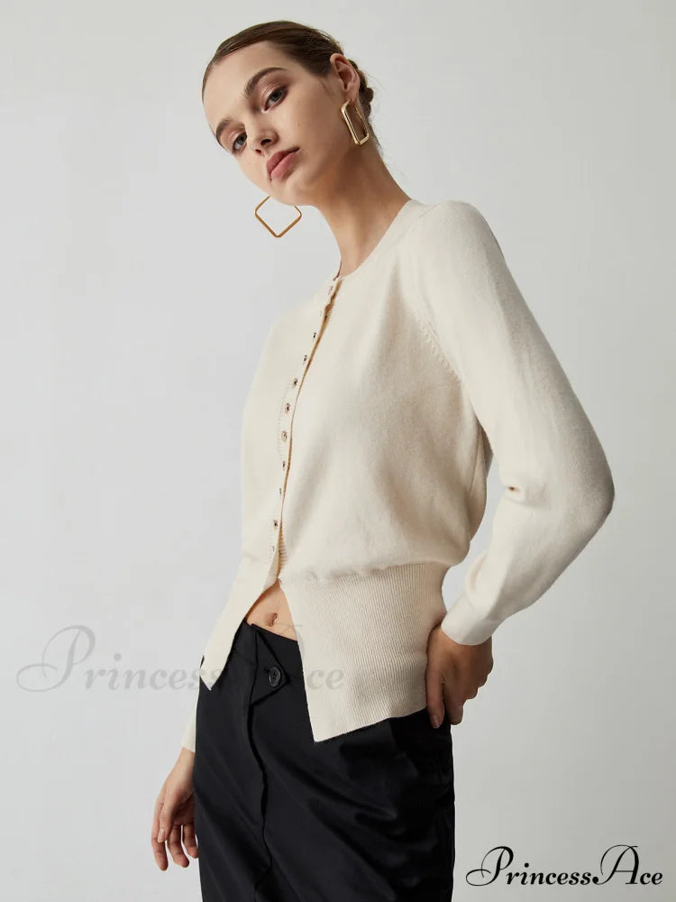 Cream Button Graceful Down Curved Cardigan Sweaters-L