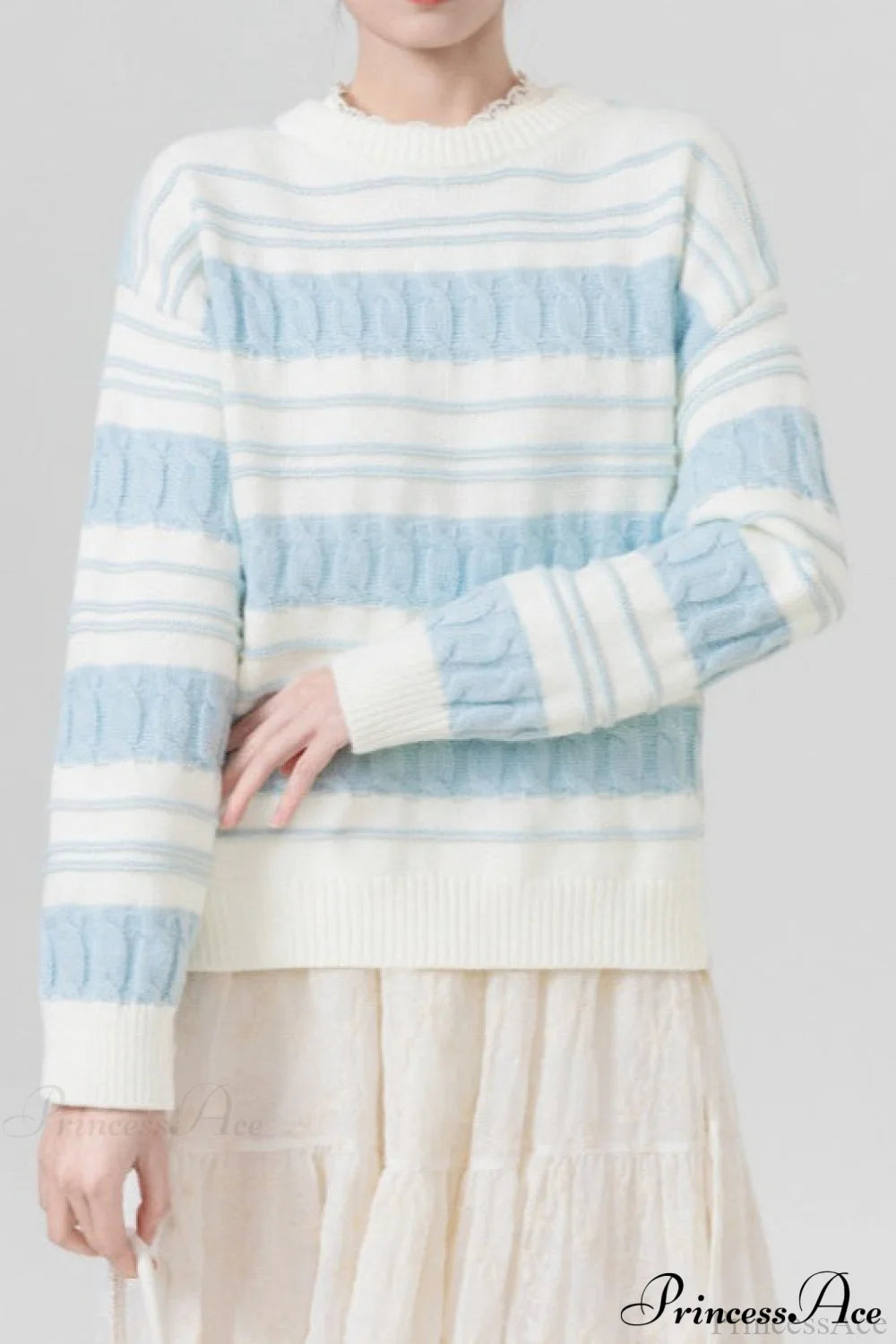 Creamy Stripe Cable-Knit Loose Sweater Blue / One Size