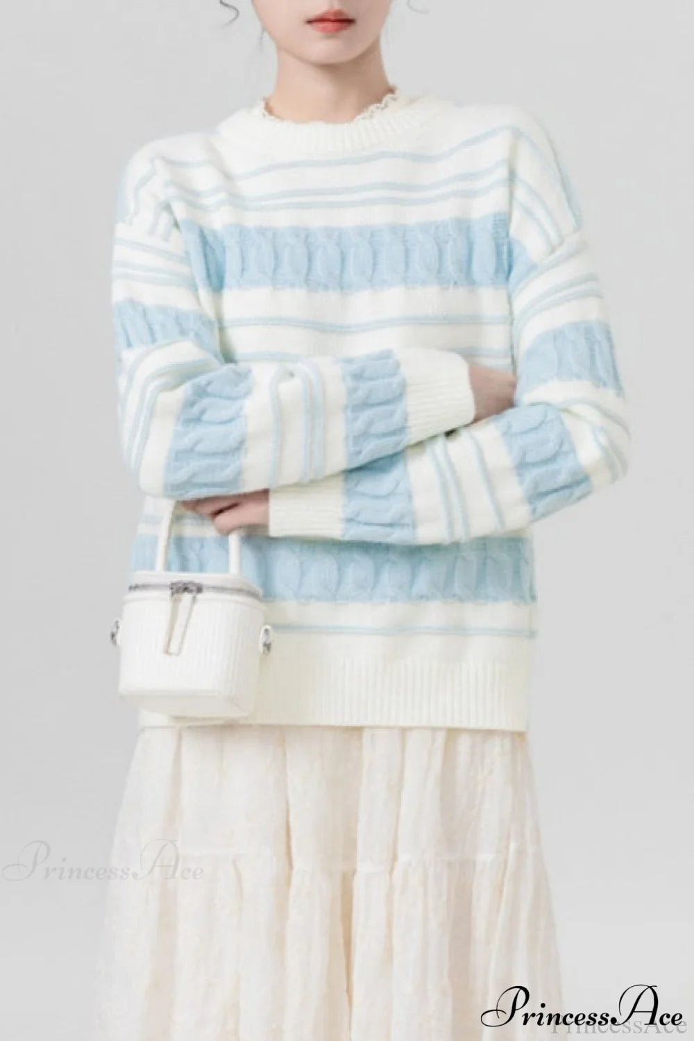 Creamy Stripe Cable-Knit Loose Sweater Blue / One Size