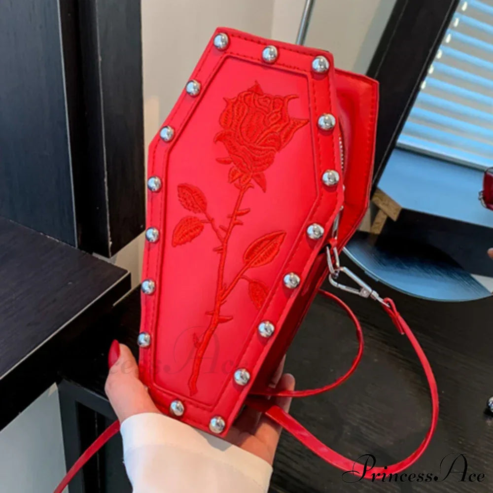 Creative Pu Coffin Shape Embroidery Underarm Phone Office Travel Bag Red Halloween