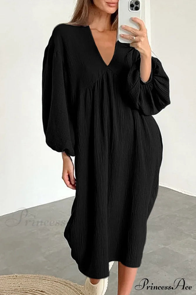 Crepe V Neck Puff Sleeve Loose Dress Black / S Midi Dresses