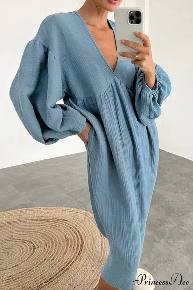 Crepe V Neck Puff Sleeve Loose Dress Blue / L Midi Dresses