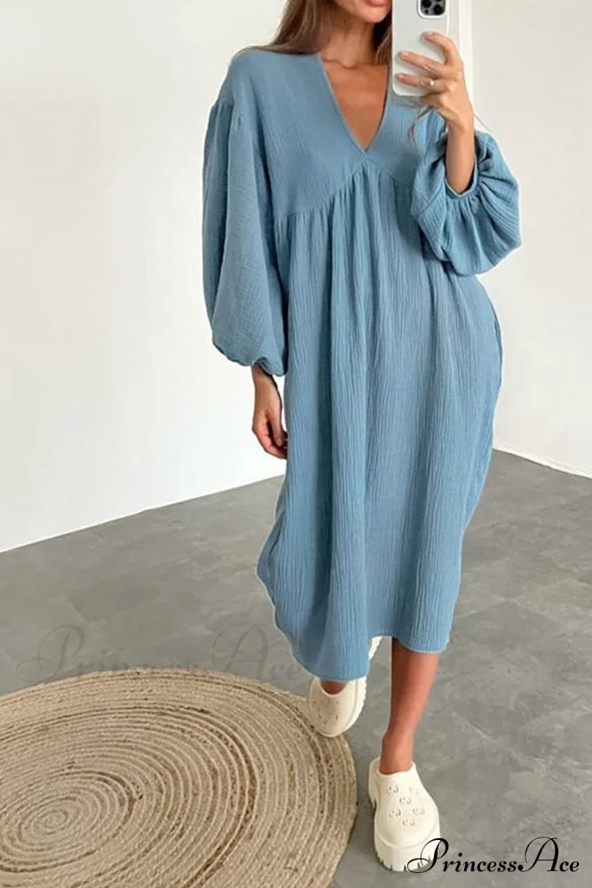 Crepe V Neck Puff Sleeve Loose Dress Blue / M Midi Dresses