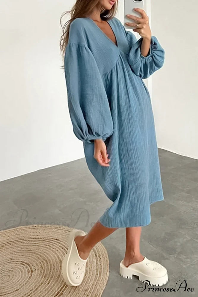 Crepe V Neck Puff Sleeve Loose Dress Blue / S Midi Dresses