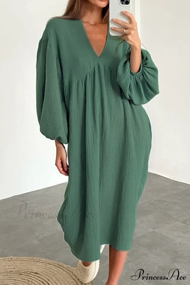 Crepe V Neck Puff Sleeve Loose Dress Green / S Midi Dresses