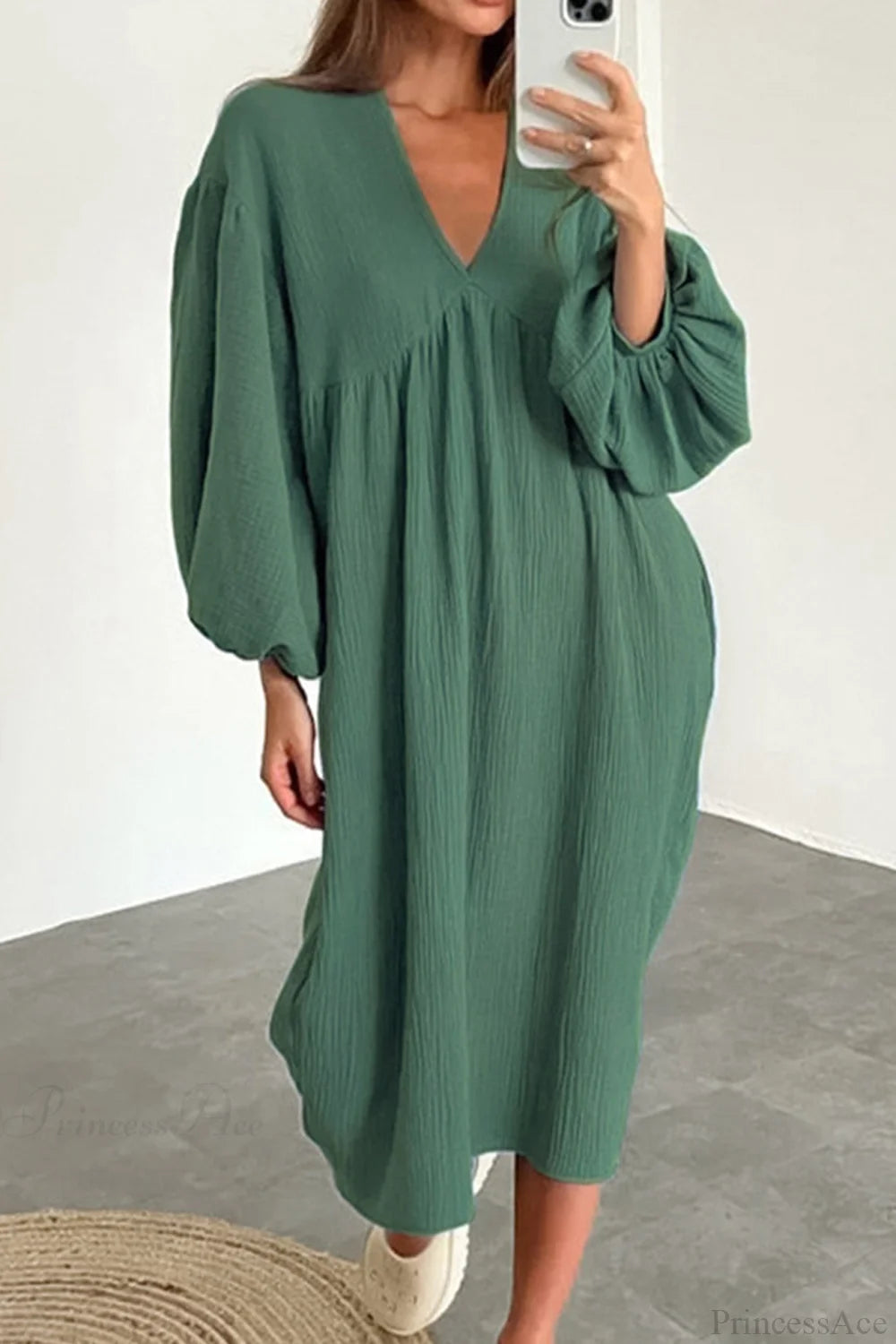 Crepe V Neck Puff Sleeve Loose Dress Green / S Midi Dresses