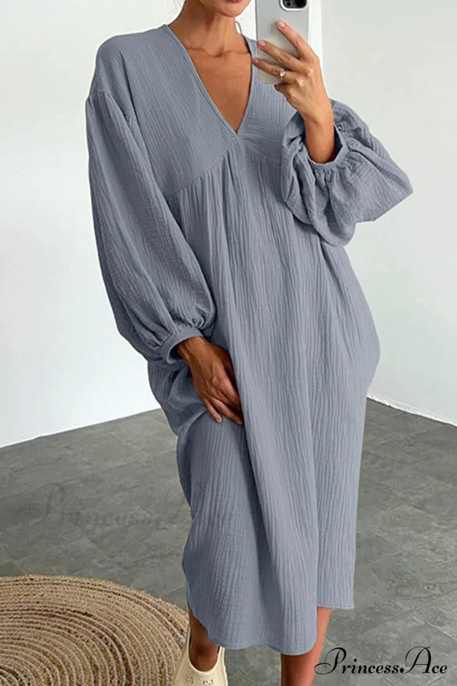 Crepe V Neck Puff Sleeve Loose Dress Grey / S Midi Dresses