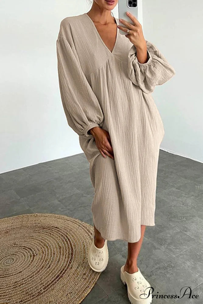 Crepe V Neck Puff Sleeve Loose Dress Khaki / S Midi Dresses