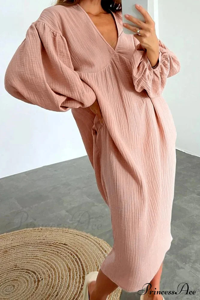 Crepe V Neck Puff Sleeve Loose Dress Pink / L Midi Dresses