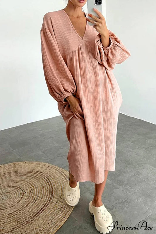 Crepe V Neck Puff Sleeve Loose Dress Pink / M Midi Dresses