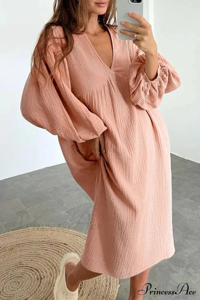 Crepe V Neck Puff Sleeve Loose Dress Pink / S Midi Dresses