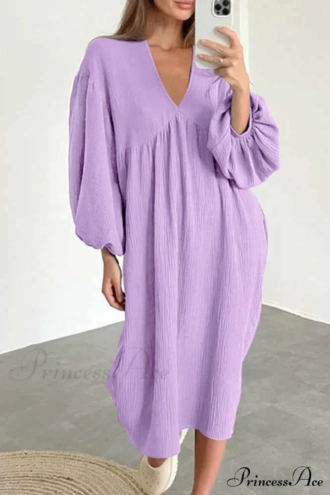 Crepe V Neck Puff Sleeve Loose Dress Purple / S Midi Dresses