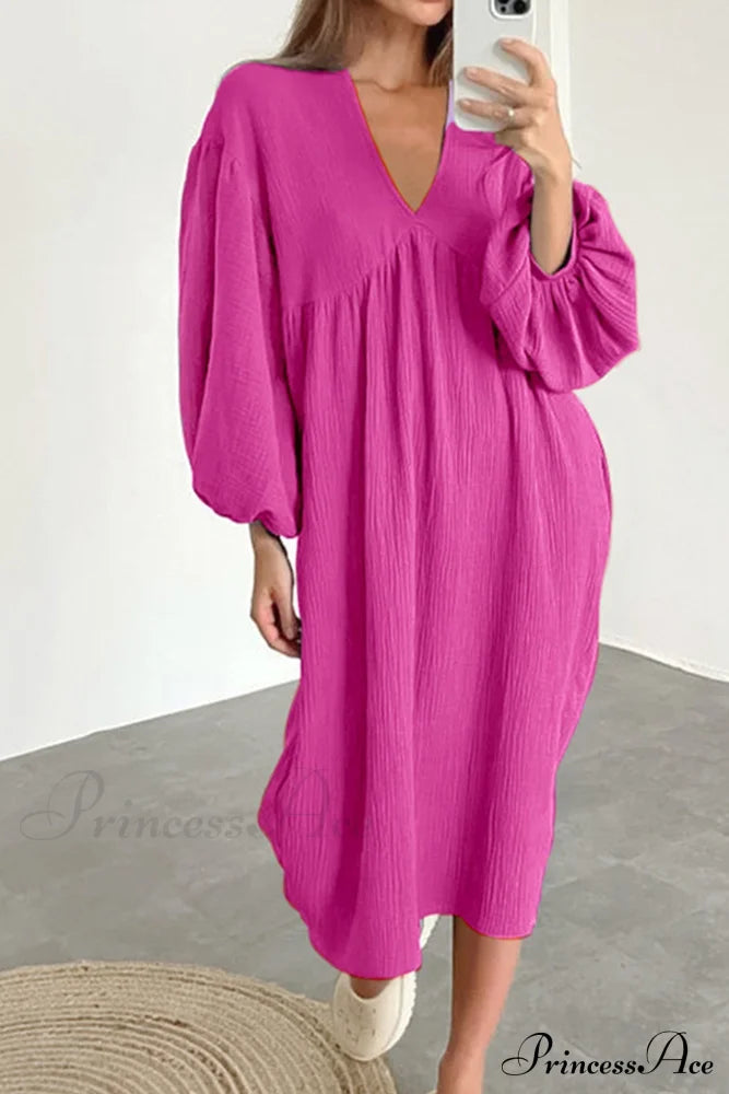 Crepe V Neck Puff Sleeve Loose Dress Rose / S Midi Dresses