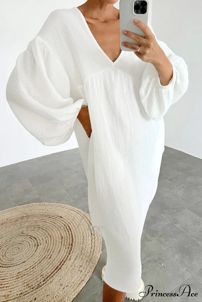 Crepe V Neck Puff Sleeve Loose Dress White / L Midi Dresses