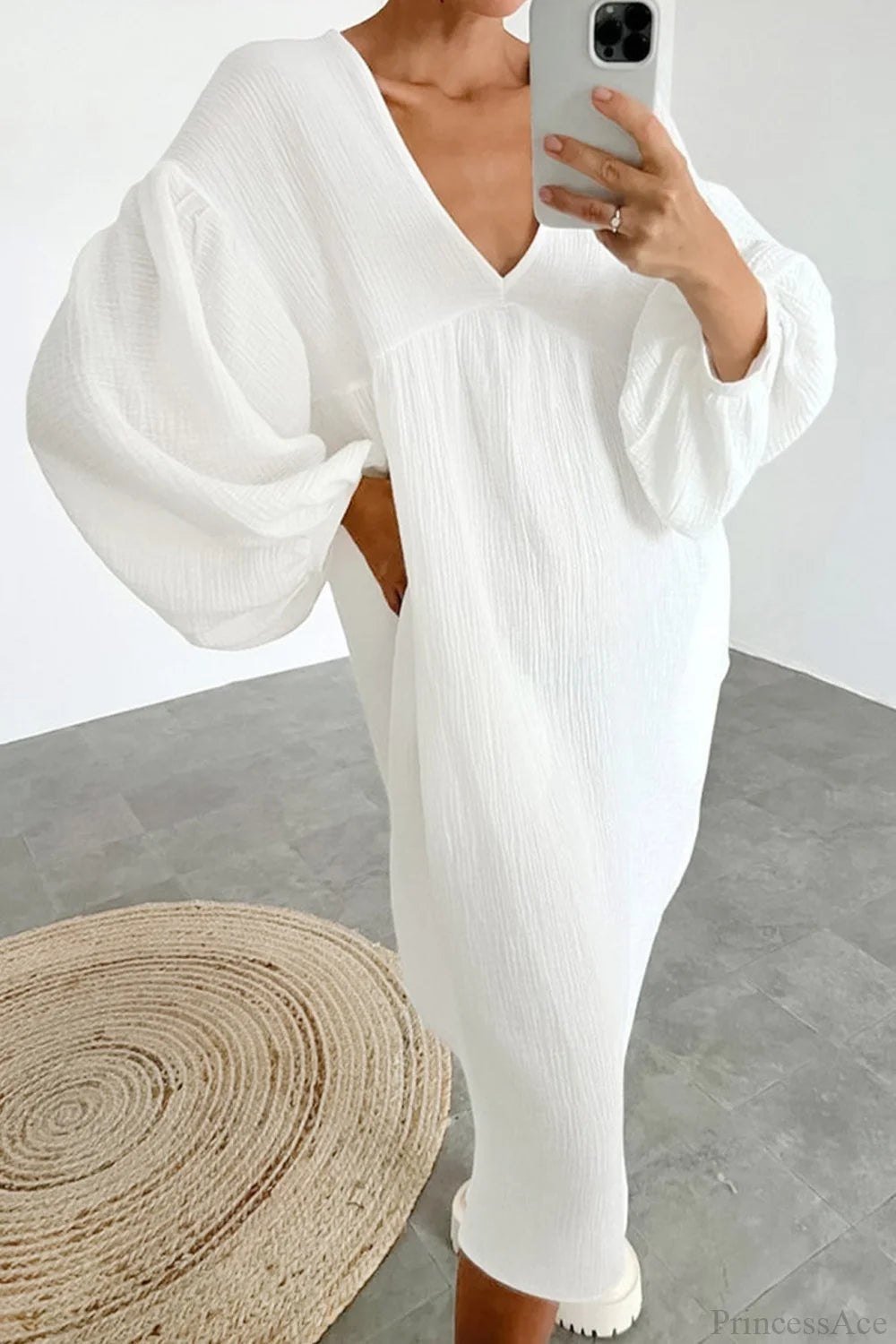 Crepe V Neck Puff Sleeve Loose Dress White / L Midi Dresses