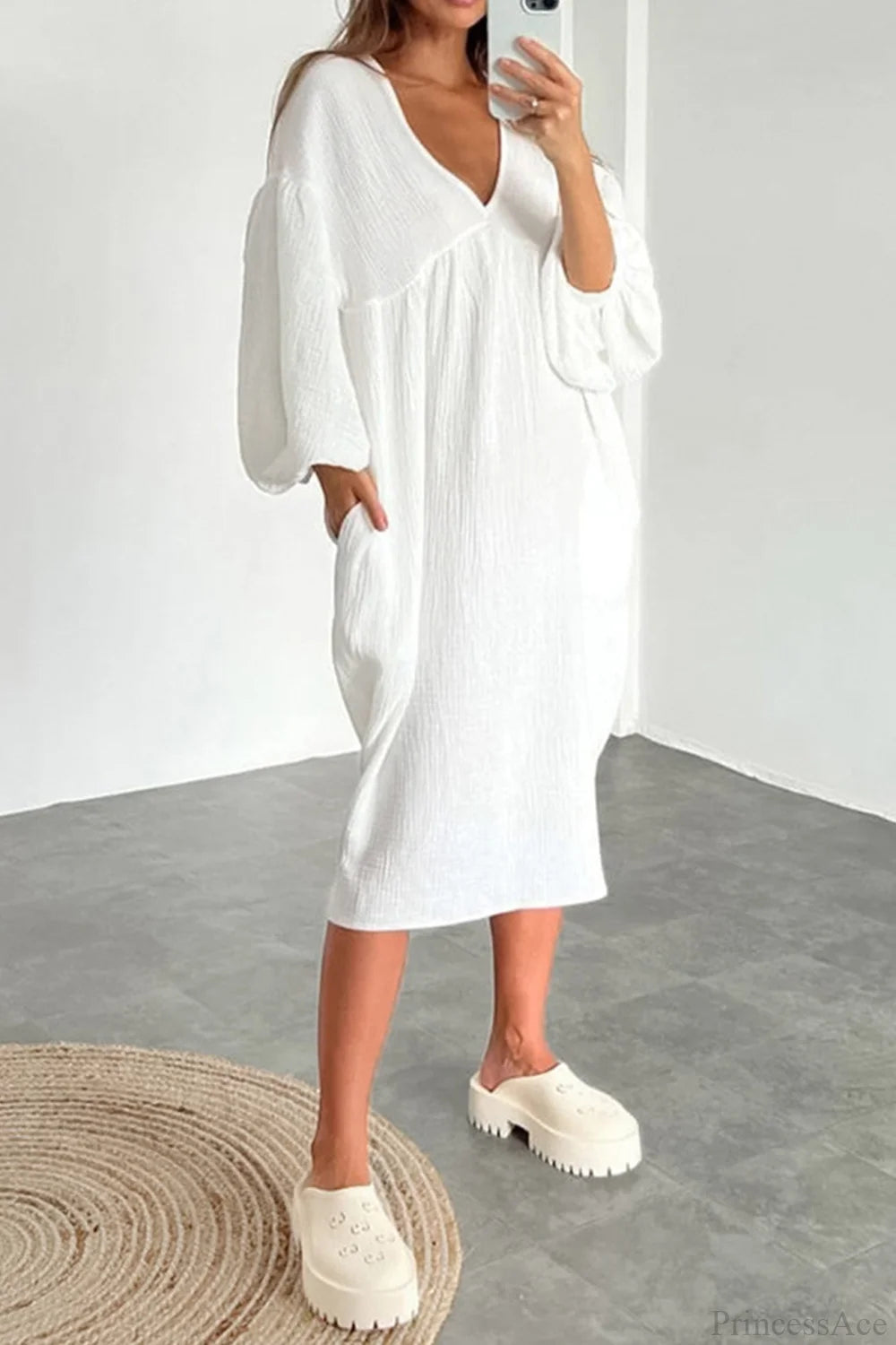 Crepe V Neck Puff Sleeve Loose Dress White / M Midi Dresses