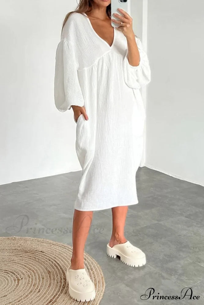 Crepe V Neck Puff Sleeve Loose Dress White / M Midi Dresses