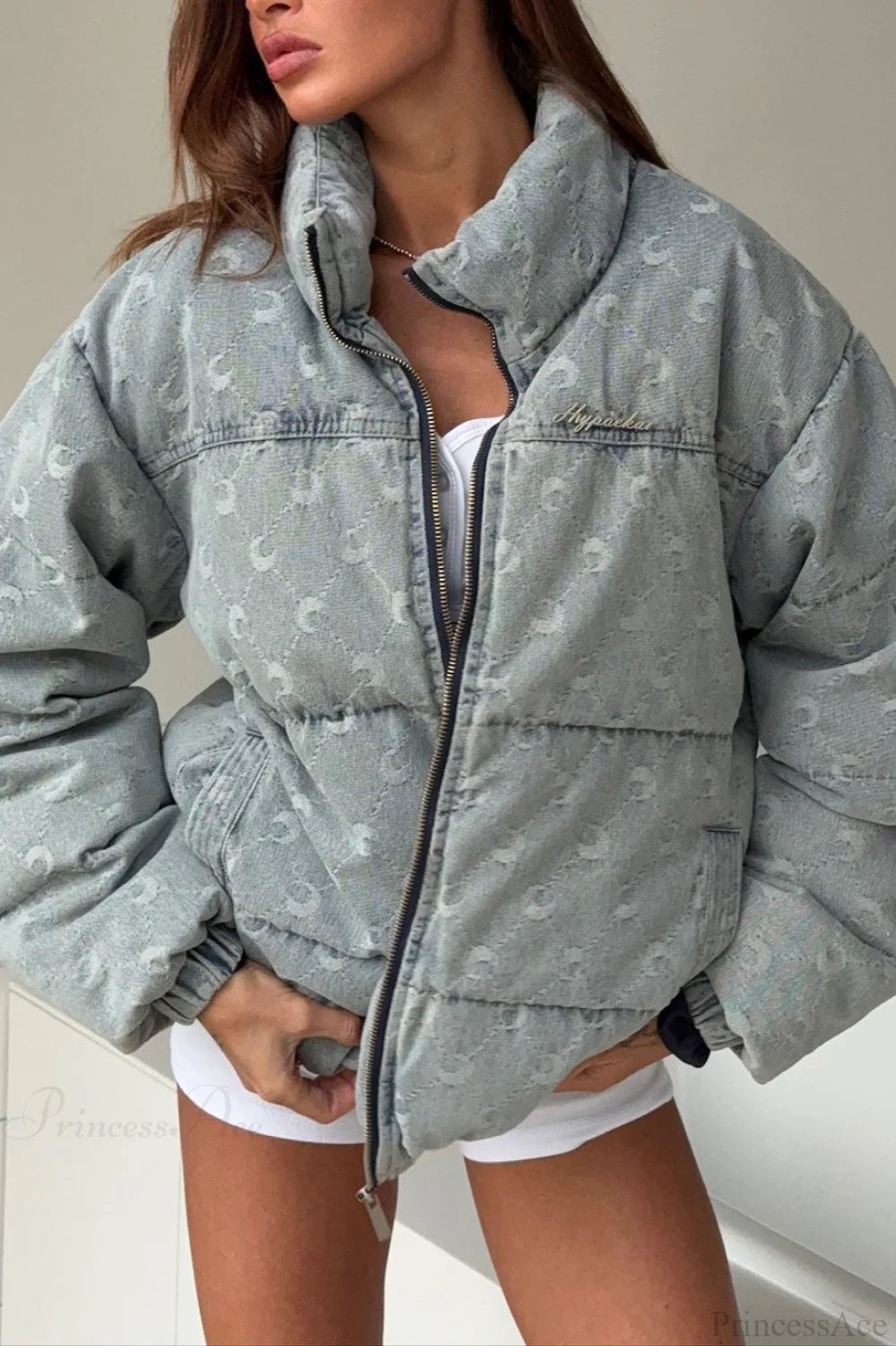 Crescent Print Allover Jacquard Relaxed Stand Collar Coat