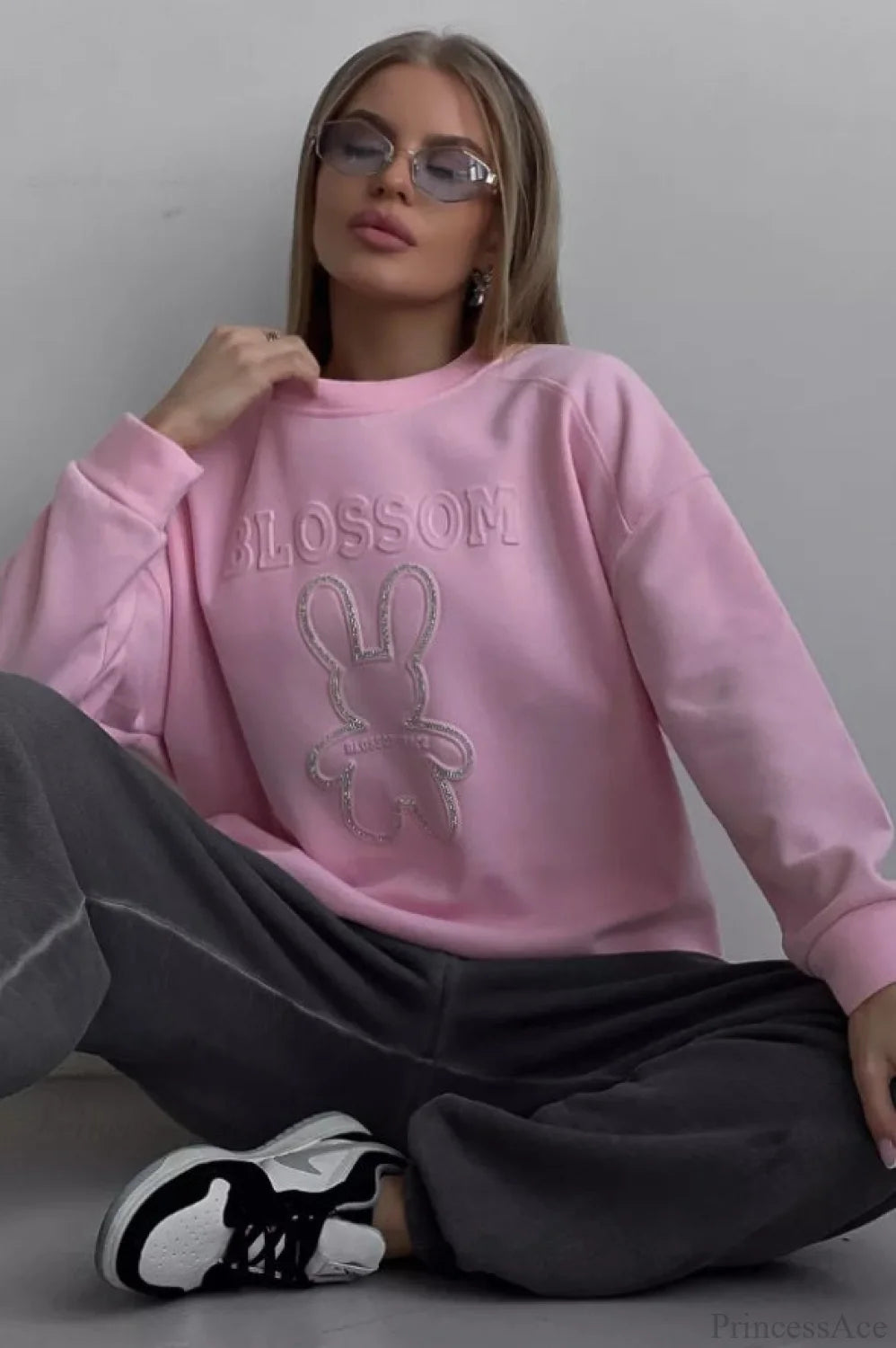 Crew Neck Chic Oversized Embossed Rabbit Sweatshirt