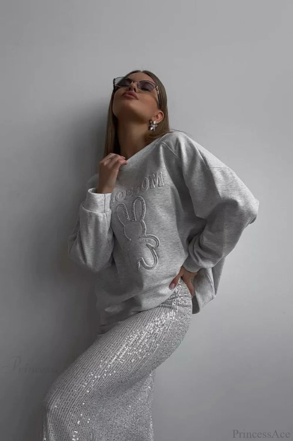 Crew Neck Chic Oversized Embossed Rabbit Sweatshirt