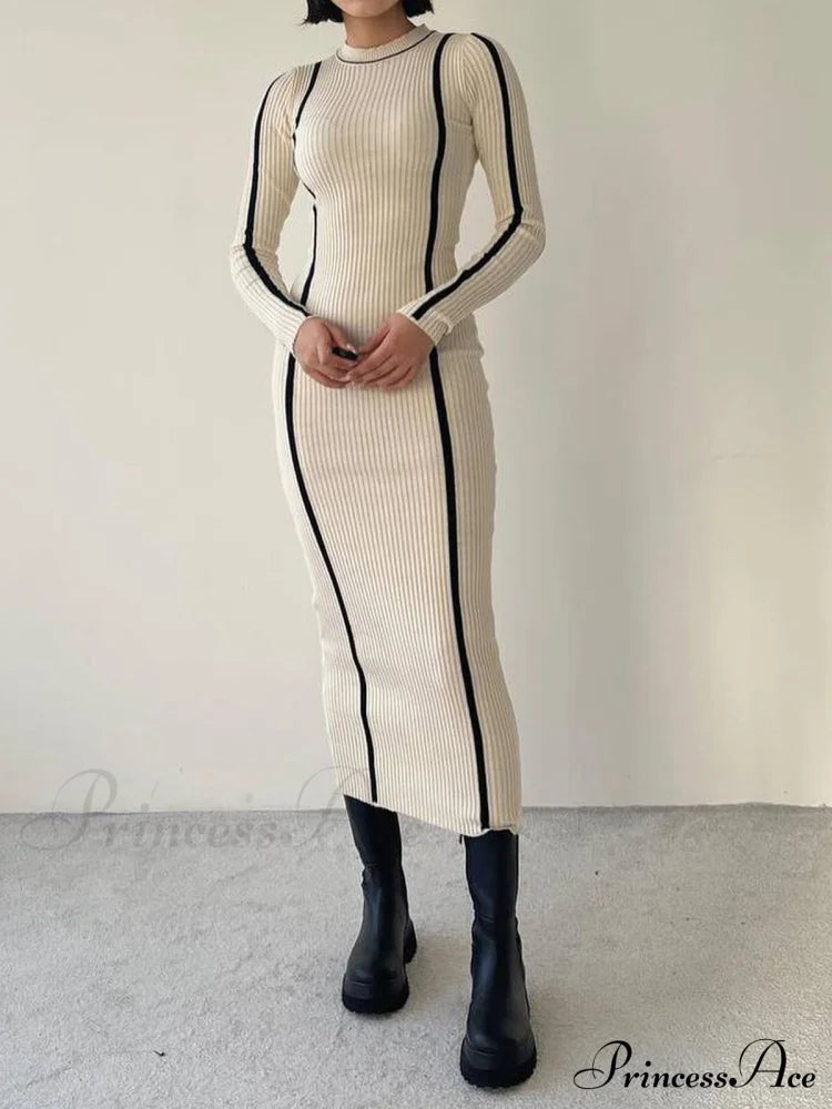 Crew Neck Contrast Trim Modern Long Sleeve Knit Midi Dress Sweaters-L