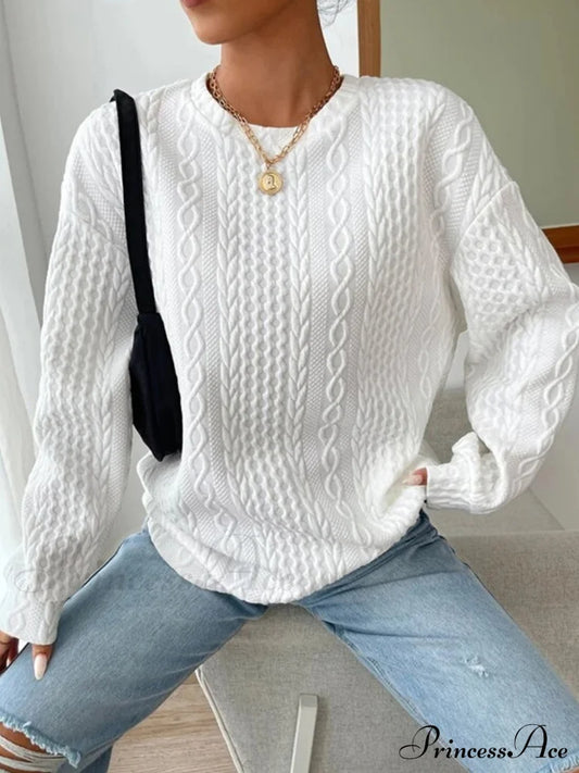 Crew Neck Graceful Cable Knit Sweater White / S Sweatshirts