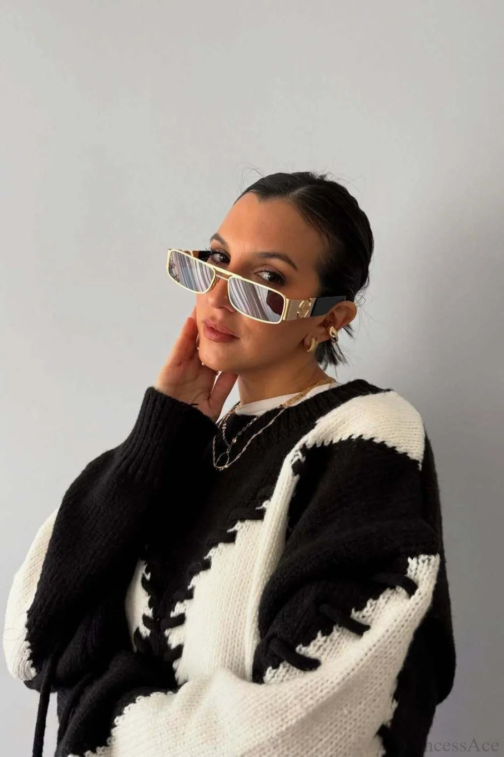 Crew Neck Long Sleeve Contrast Argyle Drawcord Sweater