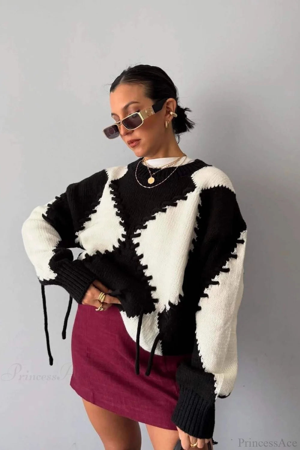 Crew Neck Long Sleeve Contrast Argyle Drawcord Sweater Black / S