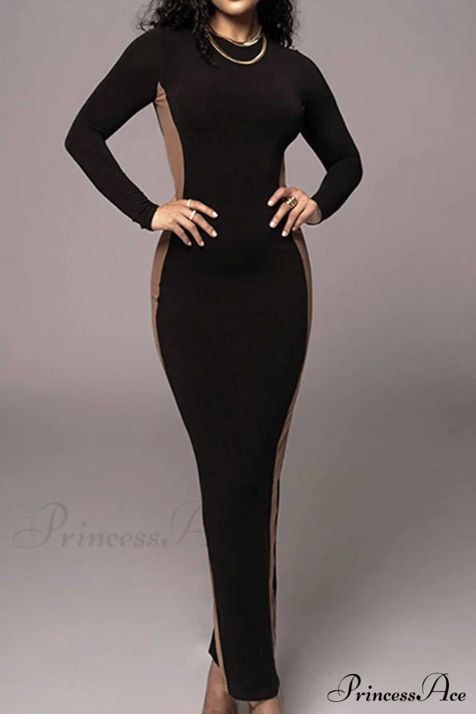 Crew Neck Long Sleeve Slit Midi Dress Black / L Dresses