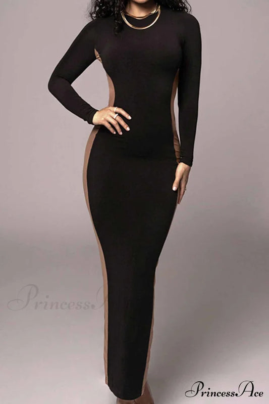 Crew Neck Long Sleeve Slit Midi Dress Black / M Dresses