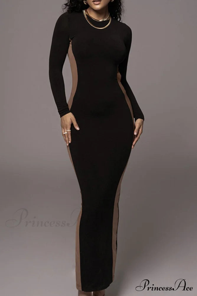 Crew Neck Long Sleeve Slit Midi Dress Black / S Dresses