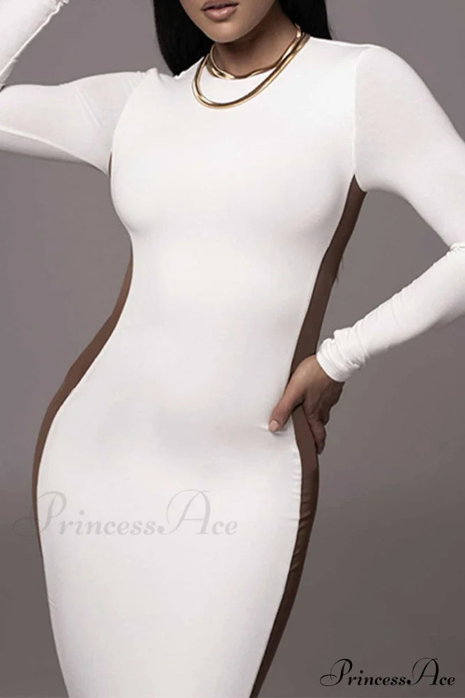 Crew Neck Long Sleeve Slit Midi Dress White / M Dresses