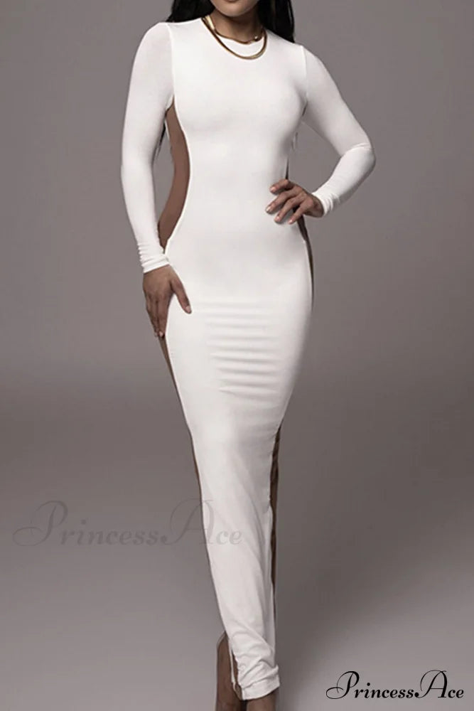 Crew Neck Long Sleeve Slit Midi Dress White / S Dresses