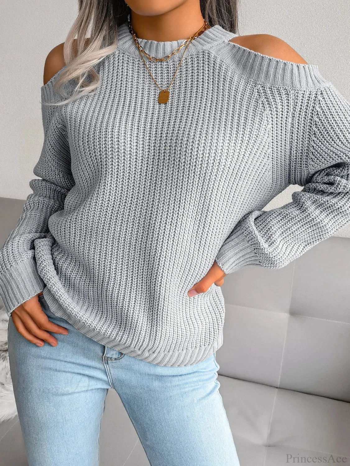 Crew Neck Off Shoulder Long Sleeve Sweater Gray / S