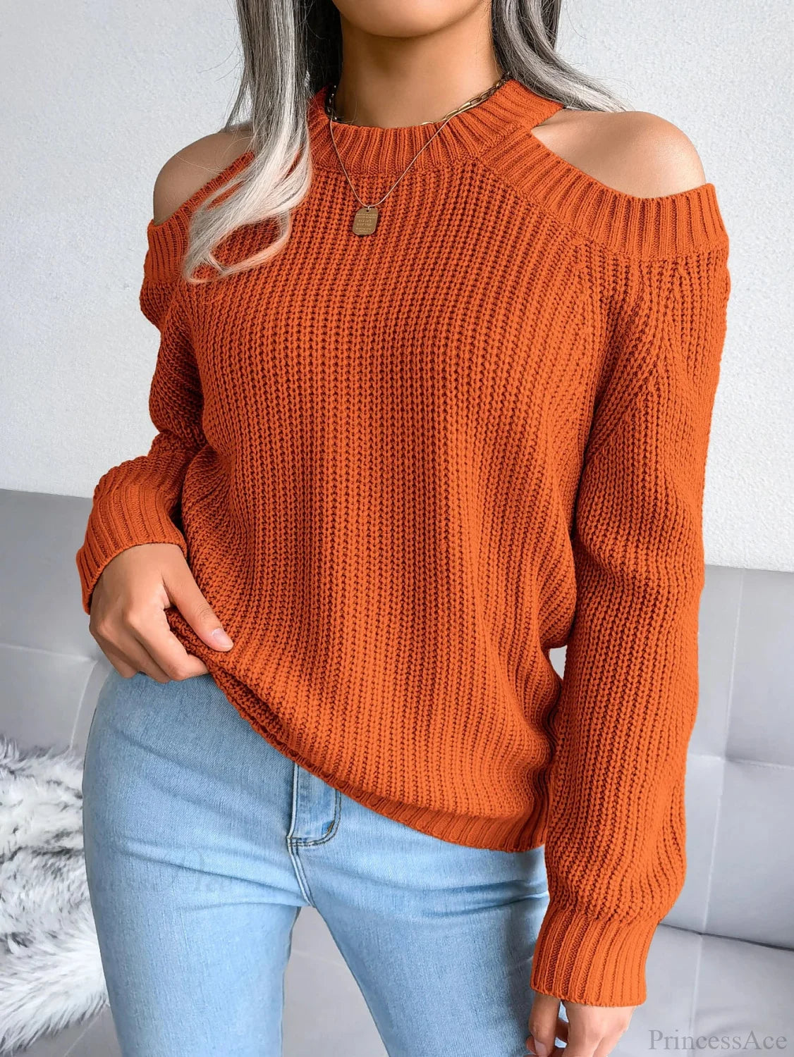 Crew Neck Off Shoulder Long Sleeve Sweater Orange / S