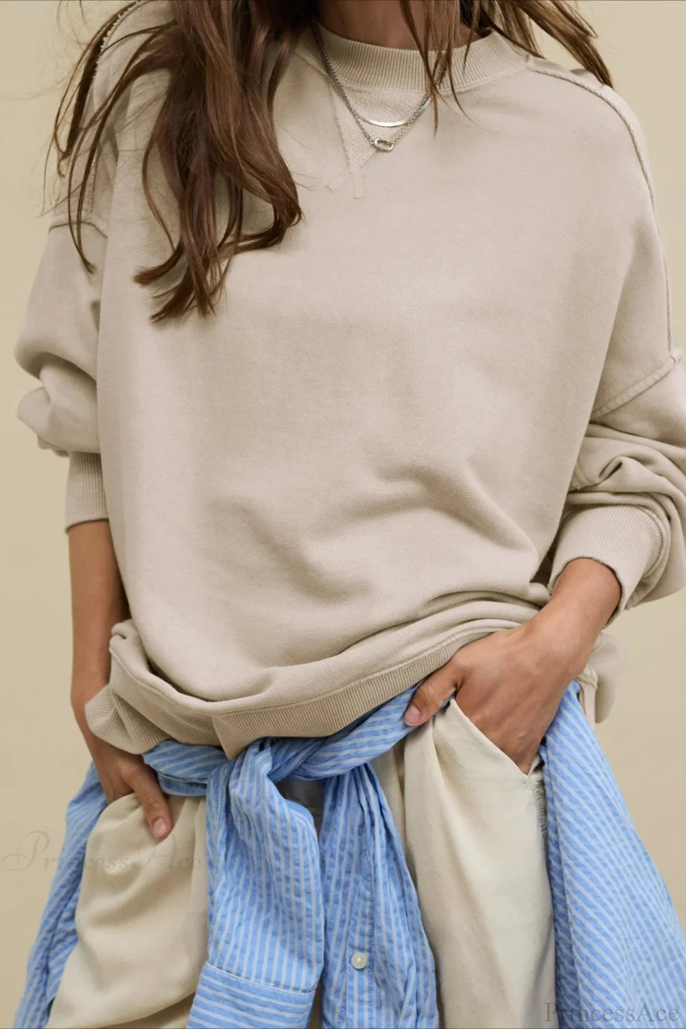 Crew Neck Solid Minimalist Relaxed Sweatshirt Apricot / S