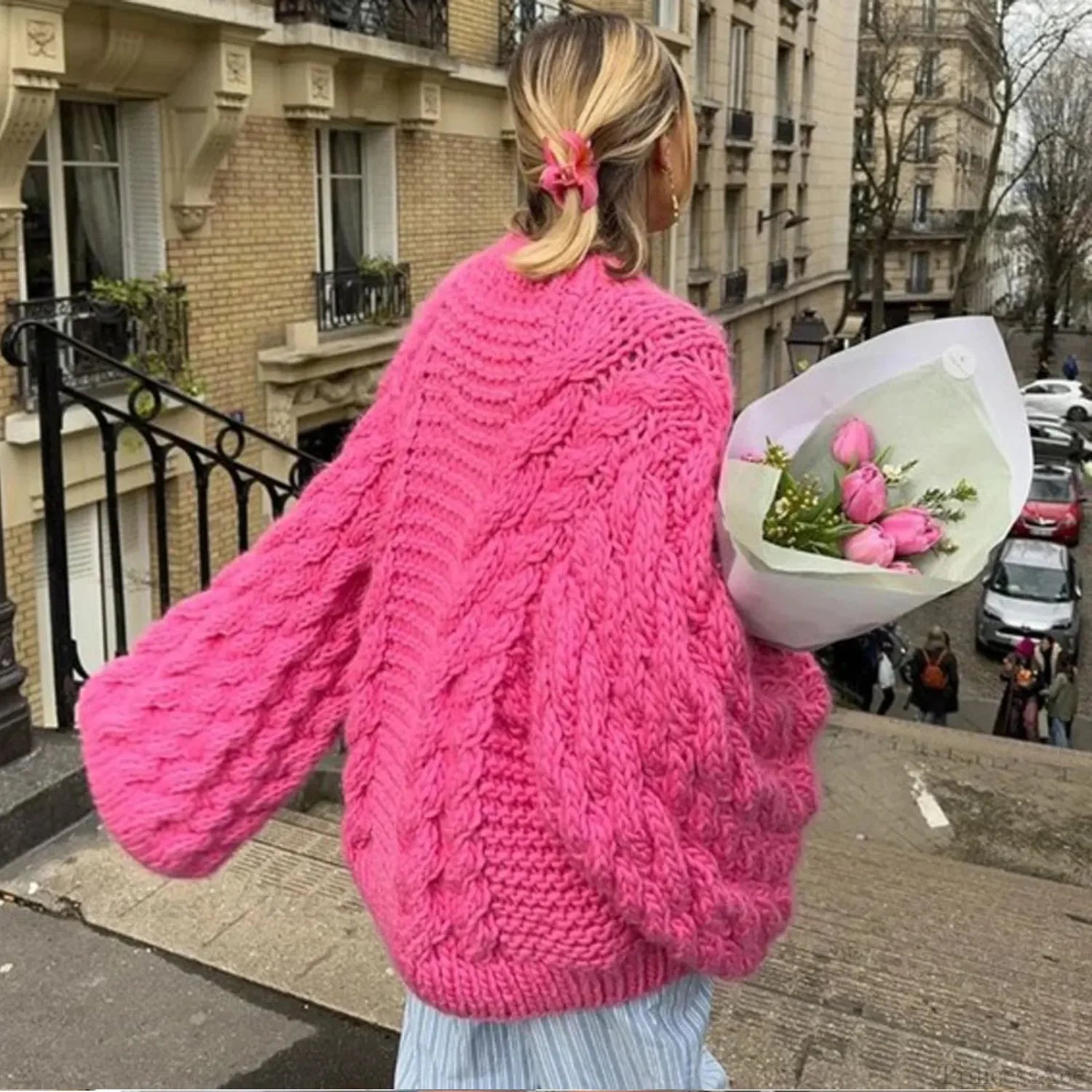 Crewneck Flared Sleeve Fuzzy Sweater Red / S