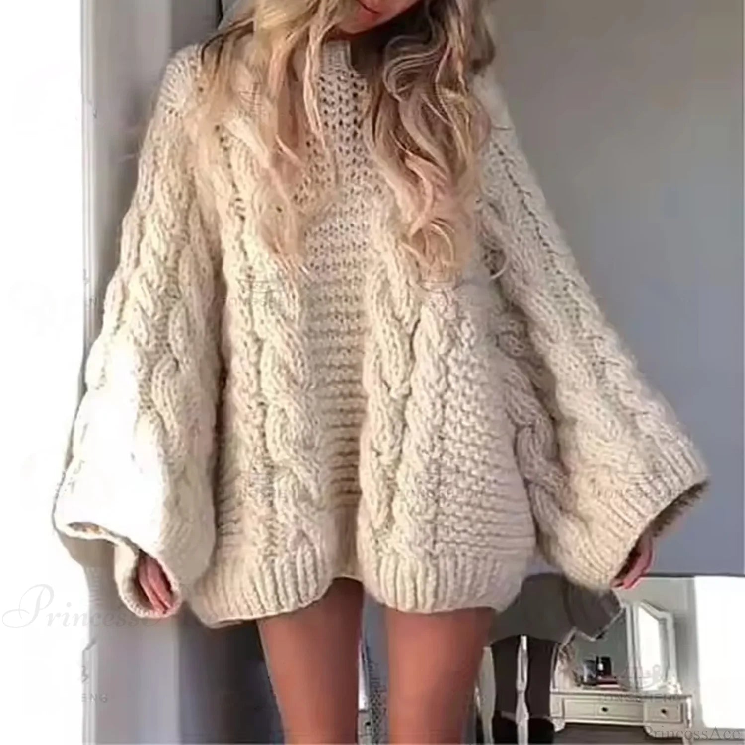 Crewneck Flared Sleeve Fuzzy Sweater White / S